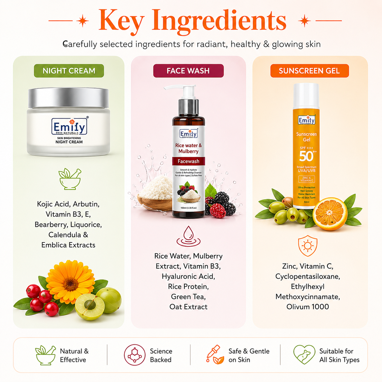 Night Cream / Rice Water & Mulberry Face Wash / SPF Sunscreen 50++ Gel