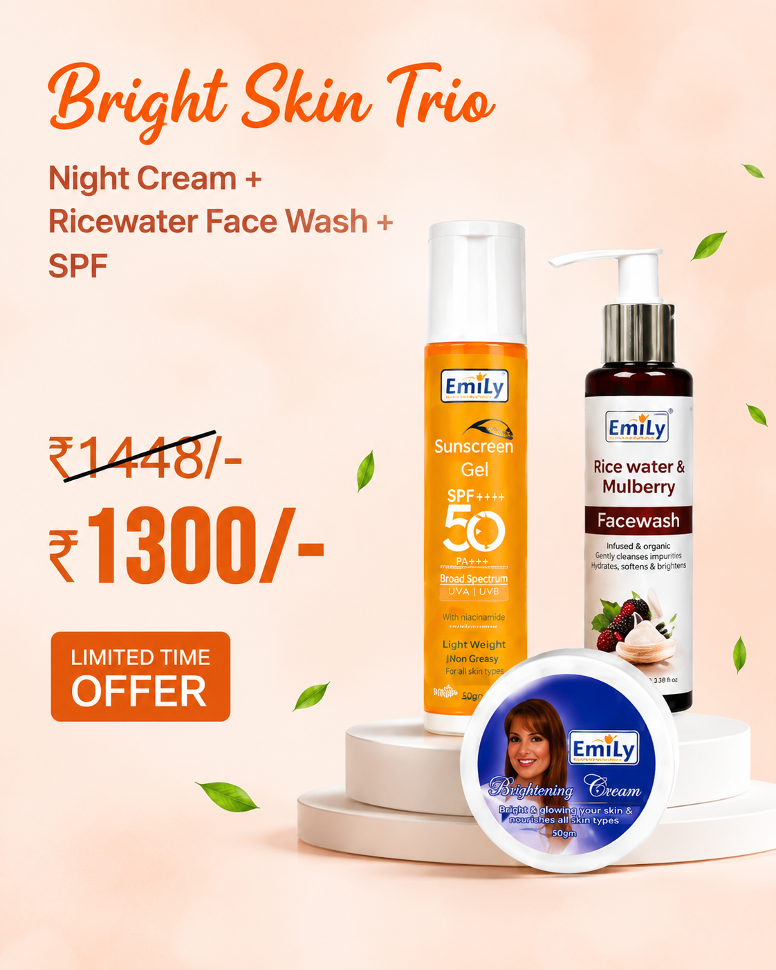 Night Cream / Rice Water & Mulberry Face Wash / SPF Sunscreen 50++ Gel