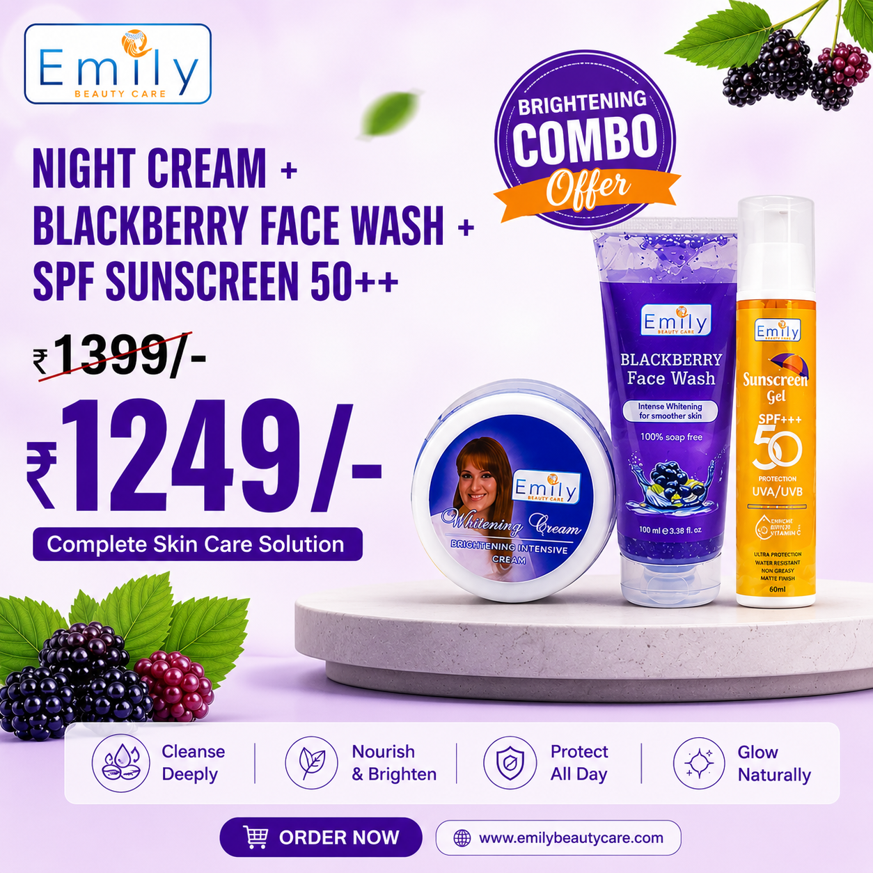 Night Cream / Blackberry Face Wash / SPF Sunscreen 50++ Gel
