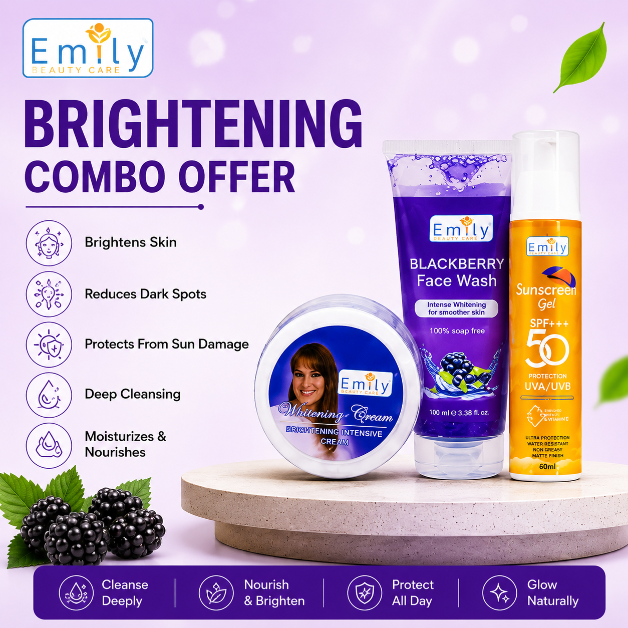 Night Cream / Blackberry Face Wash / SPF Sunscreen 50++ Gel