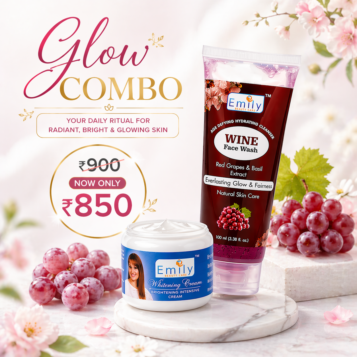 Glow & Brightening Combo - Skin Whitening Cream + Wine Facewash