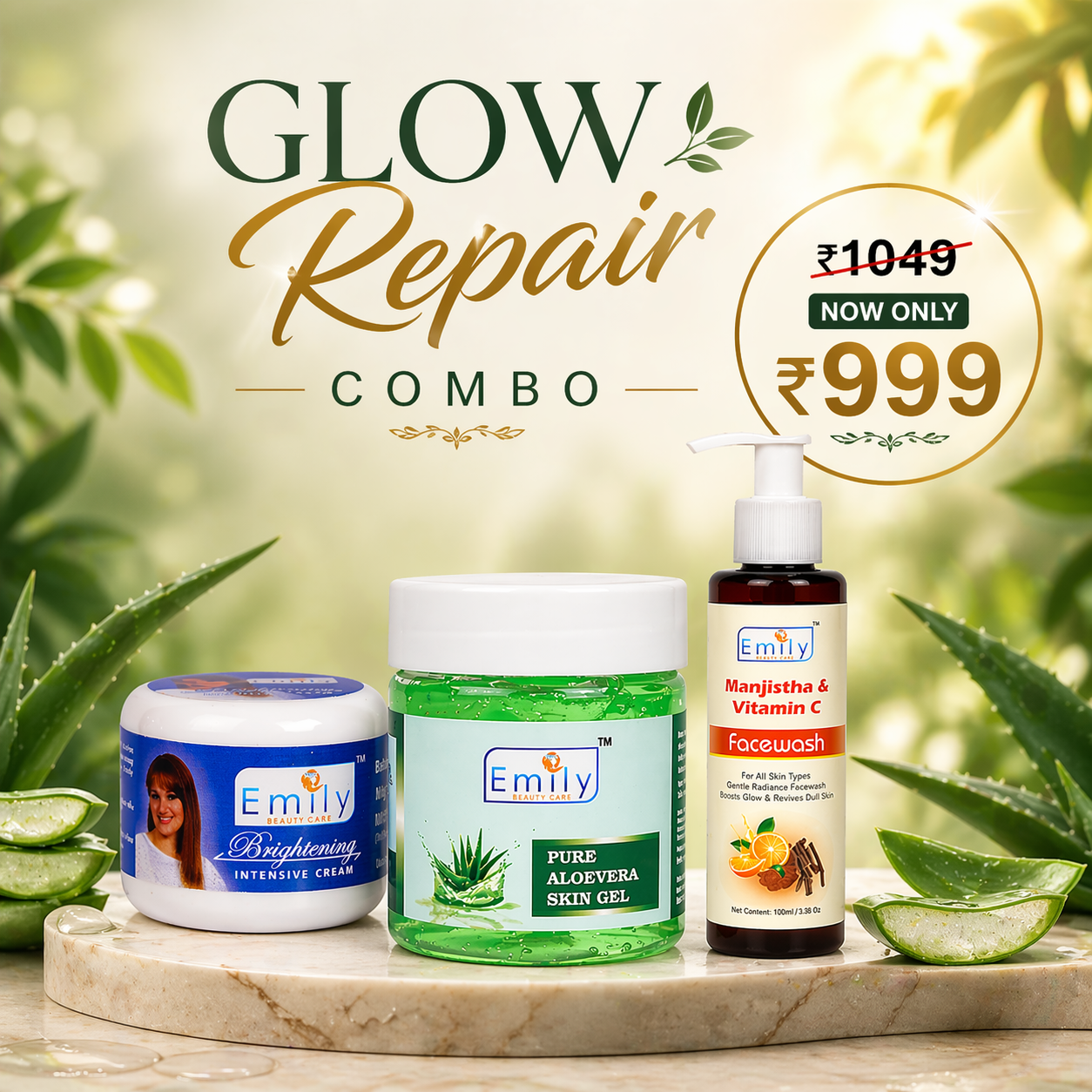 Glow Repair Combo - Night Cream + Aloevera Gel + Manjistha Face Wash